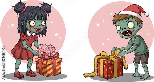 Zombie kids exchanging brain gifts in festive boxes, cartoon Christmas scene, humorous undead characters, holiday horror illustration, whimsical winter artwork