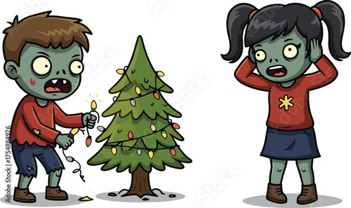 Zombie kids decorating broken Christmas tree with lights, cartoon holiday scene, funny undead characters, festive horror illustration, winter mishap artwork