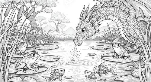 Dragon looking at frogs and fish in a pond illustration for coloring books