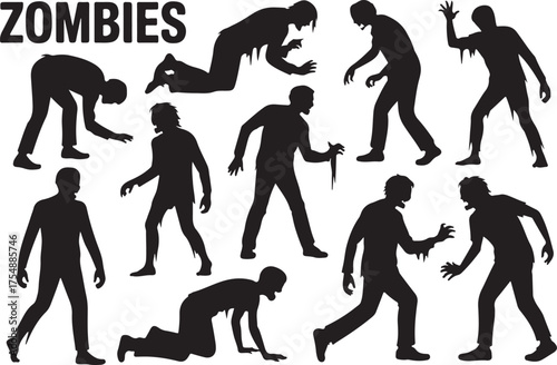 Collection of silhouetted zombie figures in various poses and actions