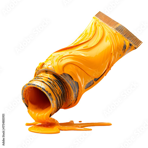 Bright orange paint tube tipped over spilling viscous liquid onto a surface isolated on transparent background