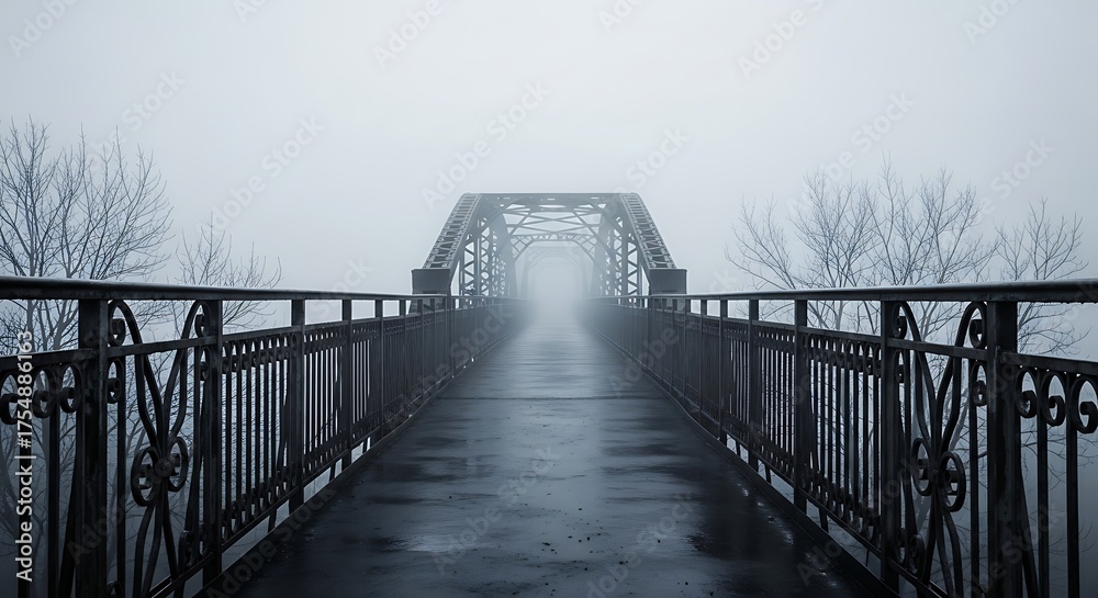 Fototapeta premium Mysterious bridge shrouded in thick fog
