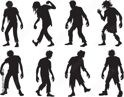 Collection of eight diverse zombie silhouettes in various walking poses on white background