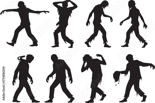 Collection of eight distinct zombie silhouettes in various walking poses and states of decay