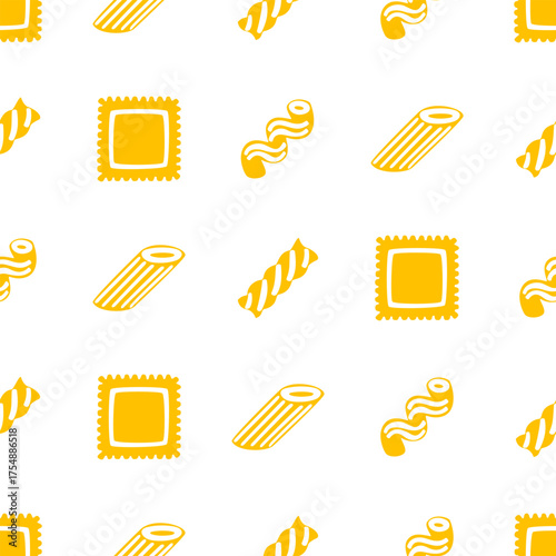 Bright yellow seamless food pattern featuring various snacks, bread, and pasta icons. Perfect for packaging, wrapping paper, menu background, or branding design.