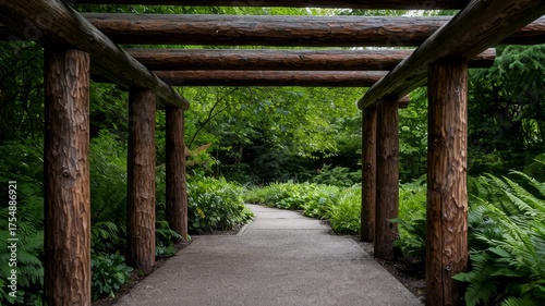 Wood walkway log column garden path forest canopy rustic structure shaded tunnel tranquil scene green foliage natural texture outdoor passage wooden pergola forest path rustic timber posts wood