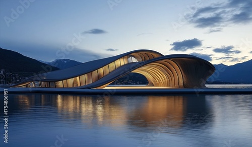 A waterfront opera house with an acoustically optimized wave shaped roof illuminated from within at dusk on the lake against a mountainous landscape