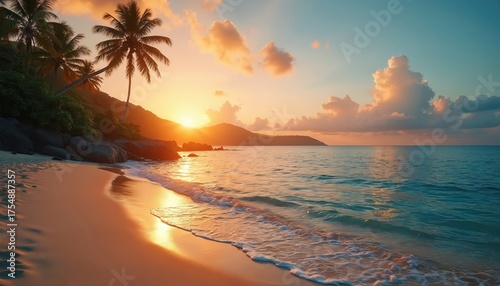 Tropical beach sunset with calm turquoise sea water. Golden hour sun shines brightly on wet sand as gentle waves roll ashore. Palm trees, dark rocks line rich green island mountain shore. Peaceful