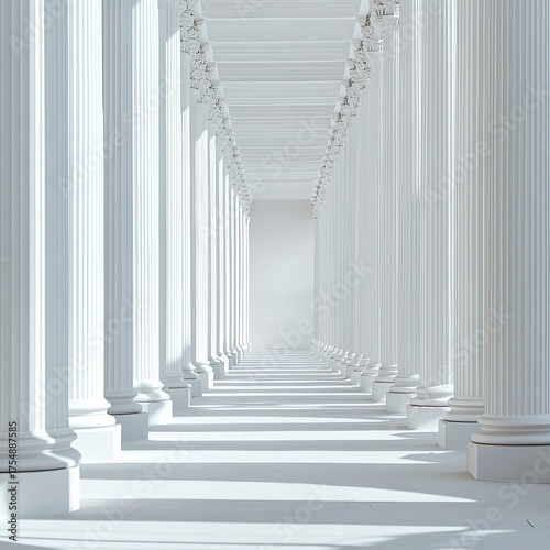 Endless white colonnade with shadows, leading the eye towards a distant, bright opening, creates depth.
