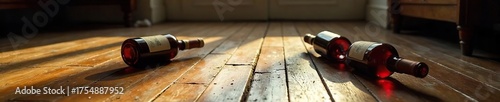 Empty Wine Bottles Scattered on Hardwood Floor A Scene of Neglect and Excessive Drinking