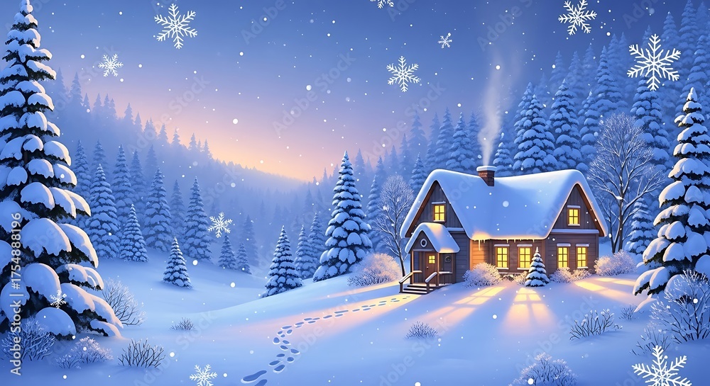 Fototapeta premium Cozy cabin in snowy forest with illuminated windows at dusk