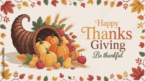 Thanksgiving illustration with cornucopia, pumpkins, apples, wheat, and autumn leaves in warm tones, celebrating harvest and gratitude