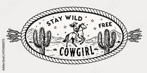 Stay wild free cowgirl riding horse in desert landscape with cacti and mountains vintage style illustration