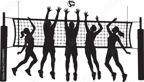 Black silhouette of volleyball players jumping to hit ball over net sport game