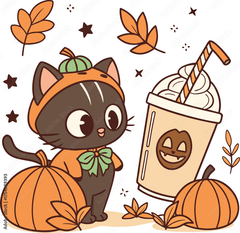 Cute Autumn Cat in Pumpkin Costume with Pumpkin Spice Drink