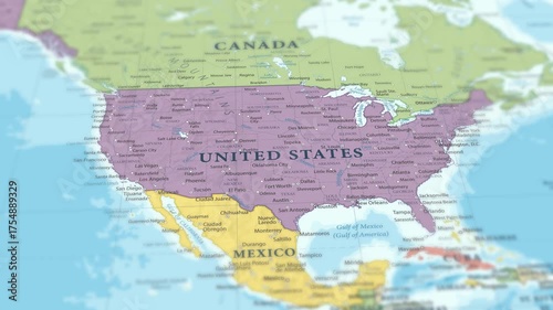 4K macro video of the United States on a world map with shallow depth of field. Focus on word United States and surrounding areas including Canada, Mexico, and the Gulf of Mexico.