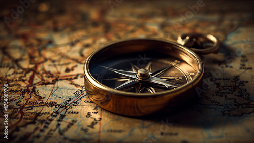 Vintage brass compass on an old world map symbolizing travel, adventure, navigation, and exploration with warm golden light and historical atmosphere