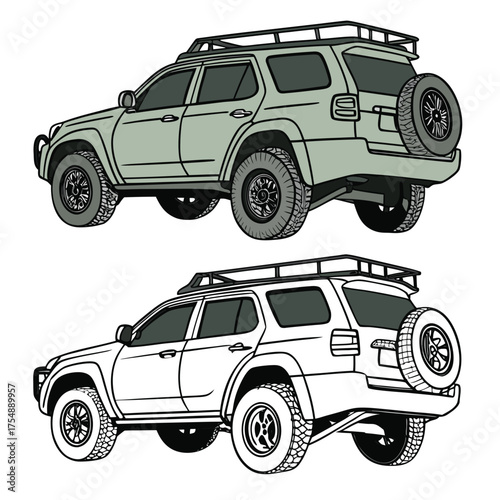 Two Off-Road SUVs: One Colored, One Line Art Illustration