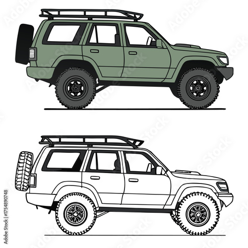 Two Off-Road SUVs: One Colored, One Line Art