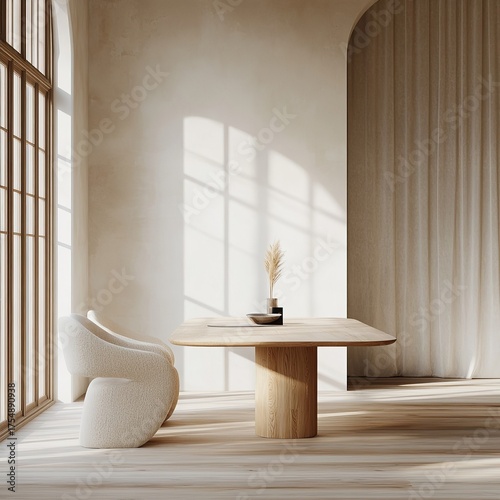 Minimalist Dining: Light wood table, sculptural chairs, and sunlit space evoke serene, modern aesthetic.