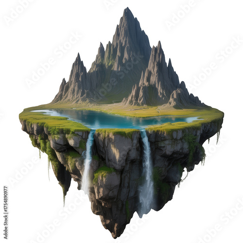 Realistic floating island with waterfalls and mountain peaks on black Transparent Background fantasy