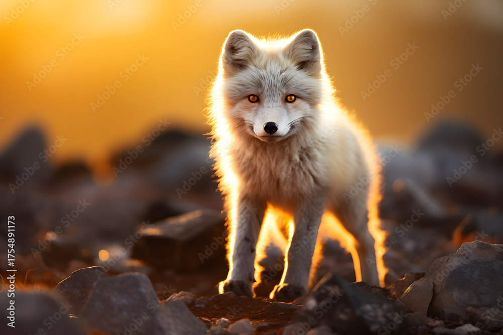 Fototapeta premium Arctic fox exploring rocky terrain during the golden hour in a frozen landscape