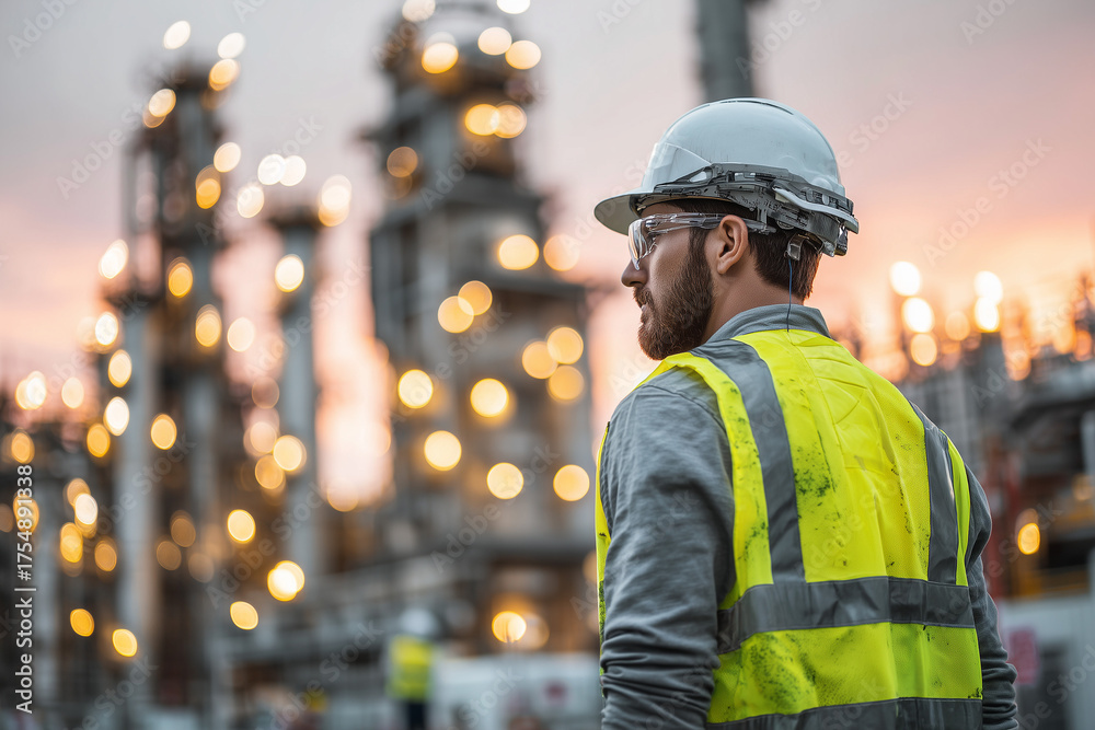 Fototapeta premium Engineer wearing safety helmet looking at industrial plant at sunset.