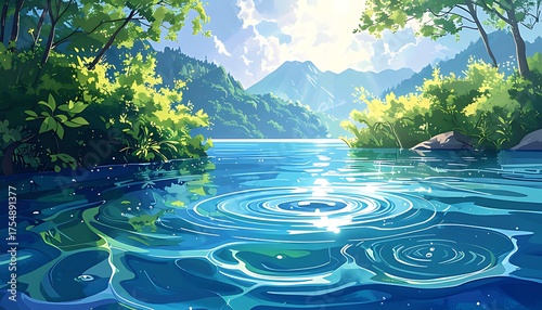 Serene Lake Scene with Ripples and Mountain Backdrop.