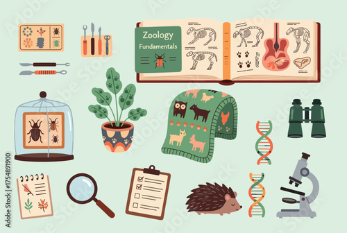 A collection of zoology study materials and science tools, including books, DNA models, microscope, and plants in a vintage academic style.