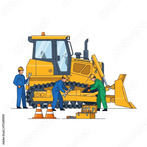 Heavy Equipment Maintenance Crew - Flat Vector Illustration - Alat Alat Berat