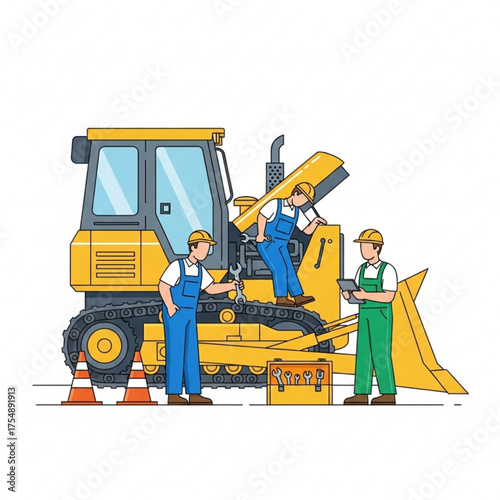 Heavy Equipment Maintenance Crew - Flat Vector Illustration