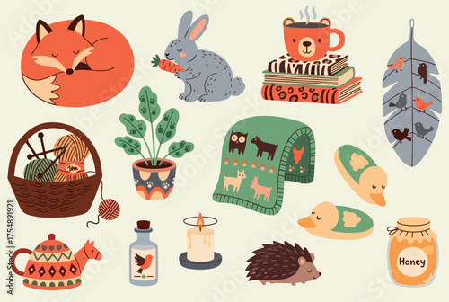 A set of cute woodland and autumn-inspired objects including animals, plants, tea, and cozy handmade items.