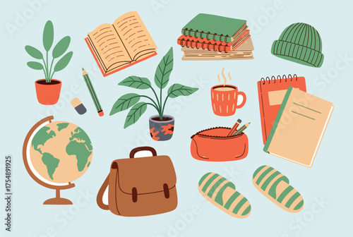 A warm and cozy study desk composition with books, tea, plants, and study accessories, ideal for learning and relaxation themes.