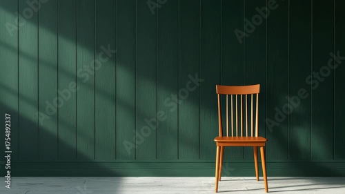 Minimalist Interior with Orange Chair Against Dark Green Wall in Bright Natural Light