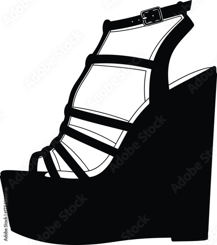 Sleek black platform wedge sandal fashion sketch vector