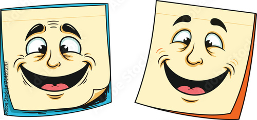 Cartoon sticky notes, smiling faces, expressive characters, playful office supplies, anthropomorphic design, colorful borders, cheerful emotion, quirky stationery, fun illustration, animated mood