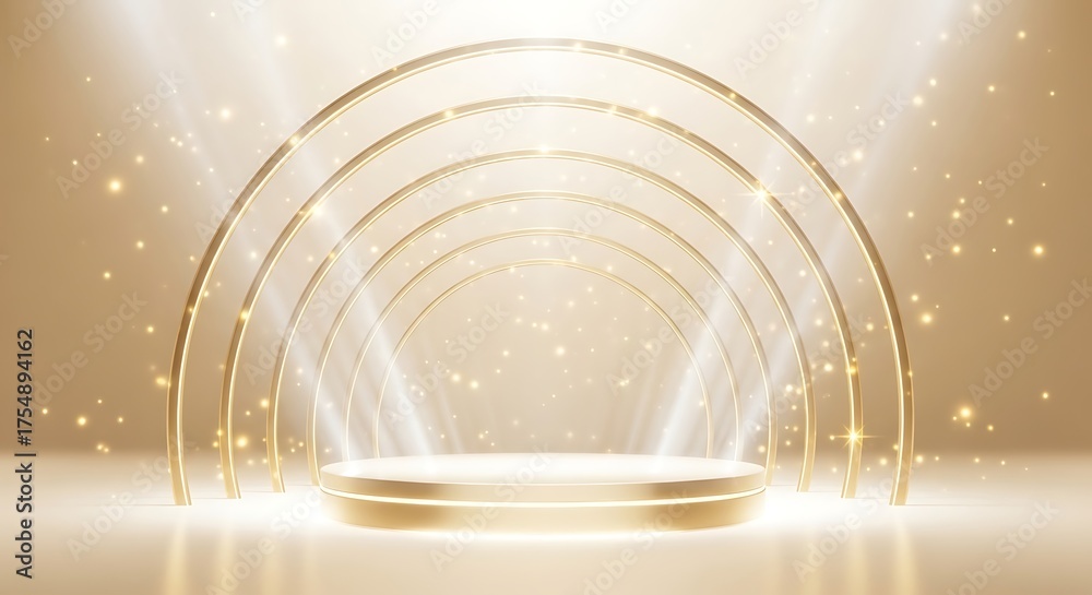 Obraz premium Elegant golden podium with spotlight for product display isolated on white background