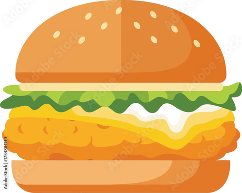 Delicious crispy fried chicken burger fast food flat illustration vector