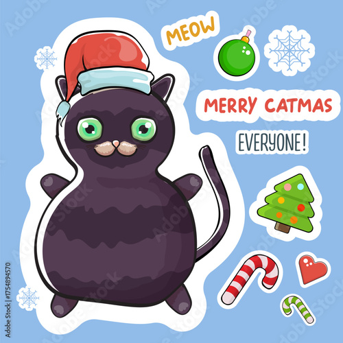 Merry Christmas greeting card or banner with Black cat with Santa hat , quotes, candy, balls, tree,stars ,snowflakes isolated on blue background. Christmas stickers concept illustration set