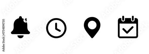 Set of four black icons representing notification time location and calendar