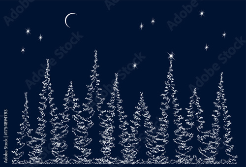 Winter landscape background with fir trees made of white dots. Frosty winter night in a coniferous forest.
