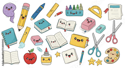 Adorable collection of hand-drawn cartoon school supplies with cute smiling faces and big expressive eyes. Includes colorful stationery items such as pencils, crayons, notebooks, erasers, glue