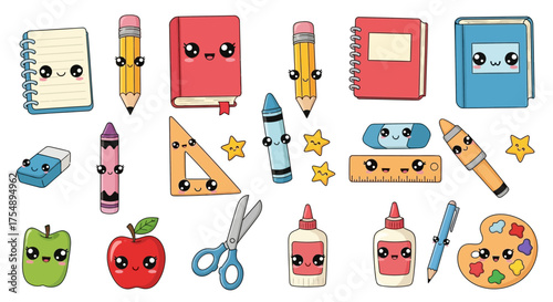 Adorable collection of hand-drawn cartoon school supplies with cute smiling faces and big expressive eyes. Includes colorful stationery items such as pencils, crayons, notebooks, erasers, glue