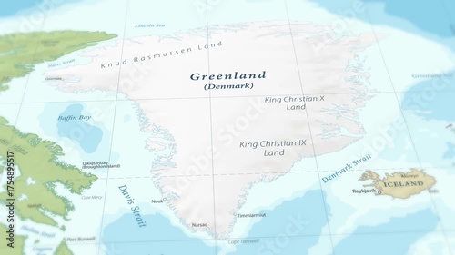 4K macro footage of Greenland on a world map with shallow depth of field. Focus on word Greenland and nearby regions. Travel geography footage