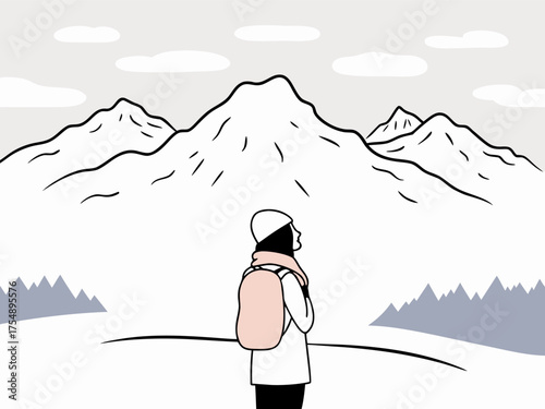 Winter Mountain Solitude: Woman Hiker Admiring Snowy Peaks