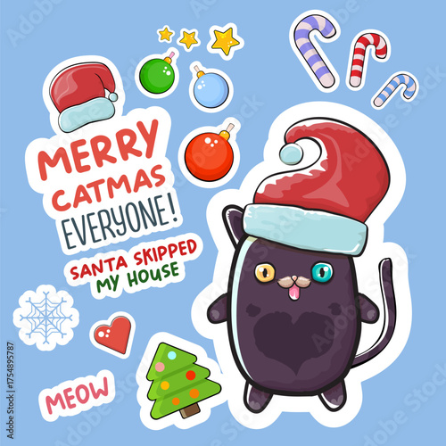 Merry Christmas greeting card or banner with Black cat with Santa hat , quotes, candy, balls, tree,stars ,snowflakes isolated on blue background. Christmas stickers concept illustration set