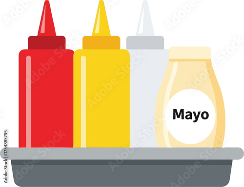 Condiment bottles ketchup mustard mayonnaise food service vector