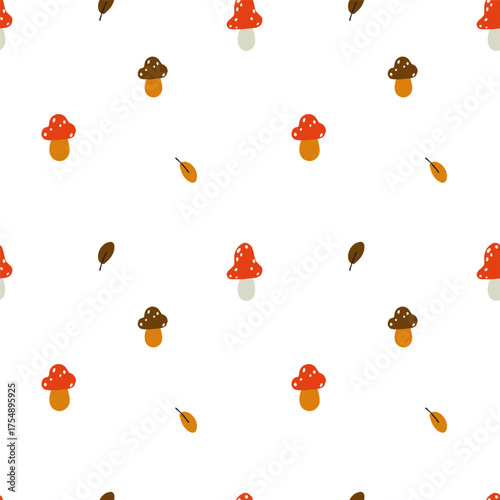 Vector seamless pattern of different leaves and mushrooms on white background, good for design, cards, autumn posters, packaging, Thanksgiving, Halloween.