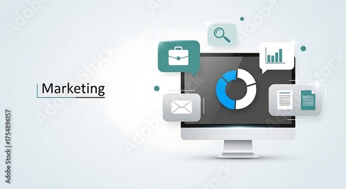 Wallpaper Mural Marketing concept with computer and icons isolated on white background, business strategy Torontodigital.ca