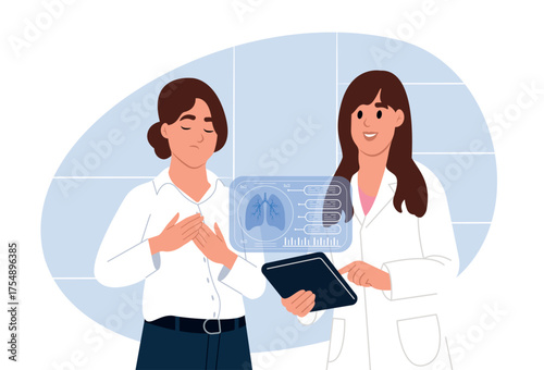 World NET Cancer day. Doctor using digital tablet with electronic health data. Vector illustration in flat style.